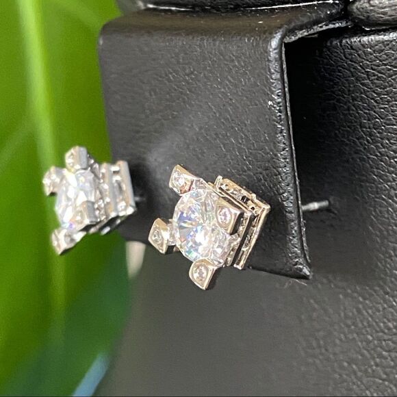 Silver Stud Swarovski Crystals Statement Earrings - Picture 6 of 8